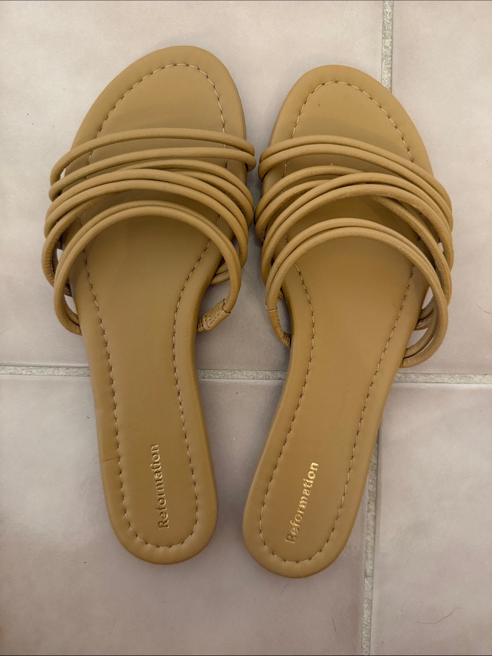 Reformation Camel Multi-Strap Slide Sandals